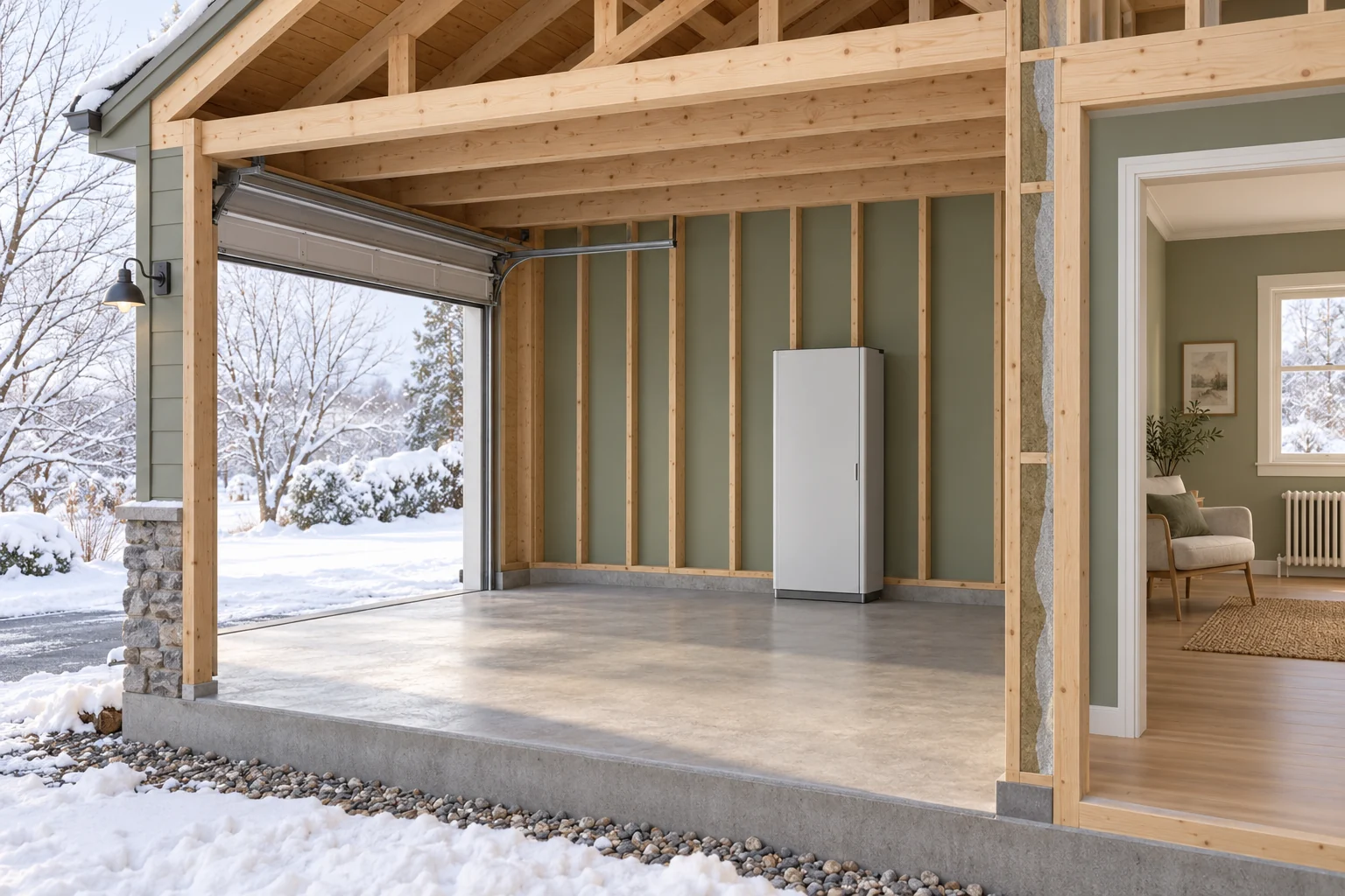 A dry closed generic cabinet stands inside an open timber garage. Snow and bare branches are outside; an adjacent room has a chair and radiator.