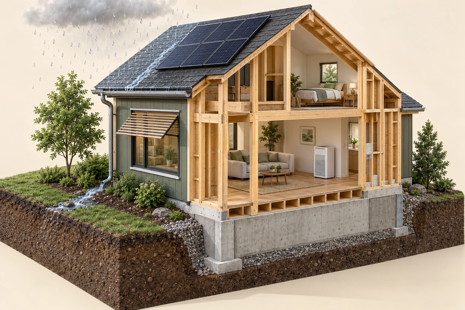 Conceptual open-frame home showing roof runoff, foundation context, shading and closed indoor equipment