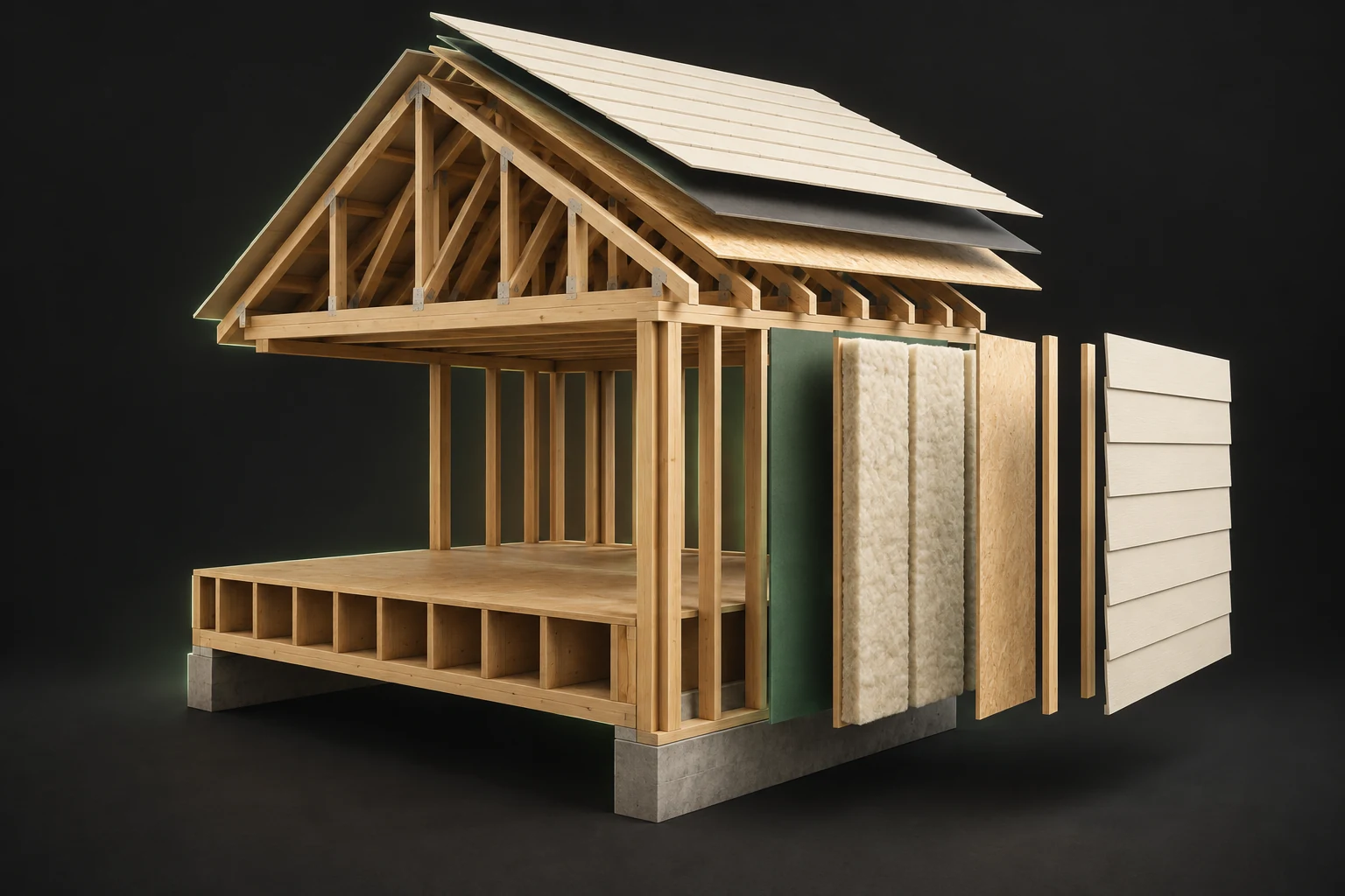 Conceptual exploded timber wall and roof corner with separated cladding, sheet materials and insulation