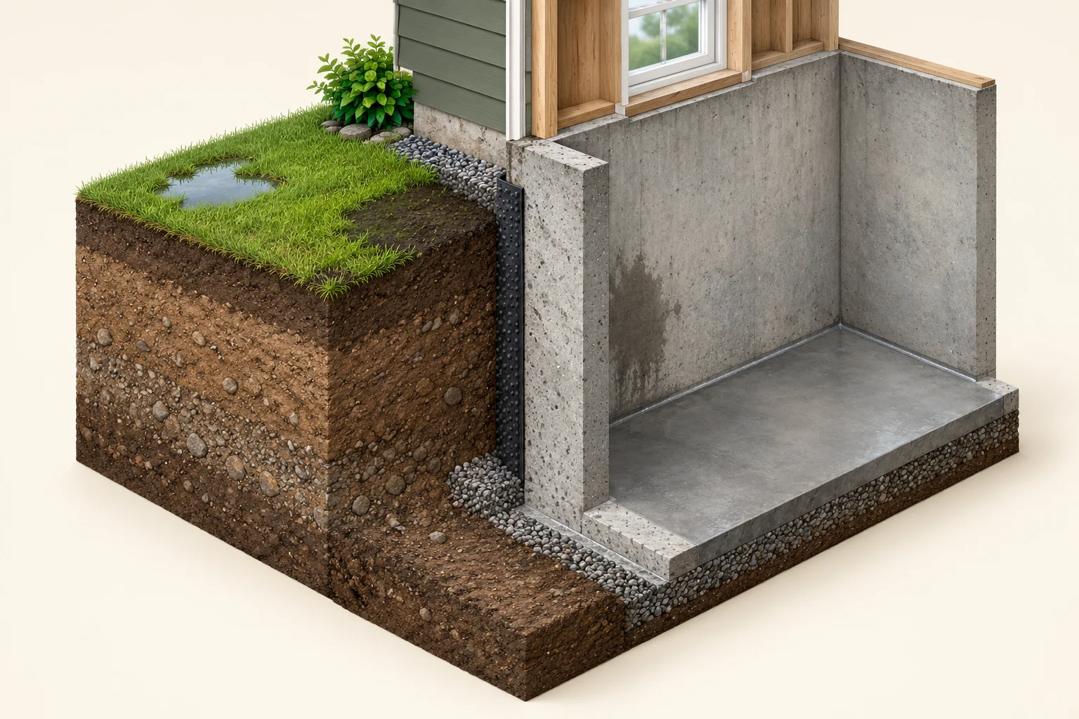 Original three-dimensional basement cutaway places a surface pool and dark-looking soil outside, a concrete wall and floor, a small window and a dark interior wall mark in one context. A textured outer wall layer is visible. No connecting flow arrow, demonstrated leak, drain failure, measured moisture or electrical equipment is shown.