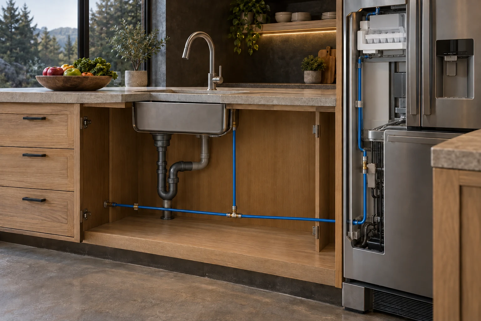 Kitchen cutaway with one large sink faucet, a blue T branch beneath it and a refrigerator cutaway showing an ice-making area and connected line.