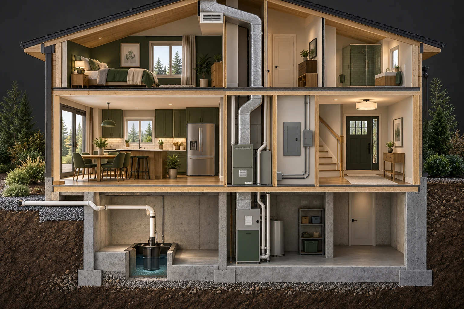 Vertical house cutaway with a refrigerator, air ducts and heating cabinets, closed electrical enclosures and a sectioned groundwater-pump pit with discharge piping.