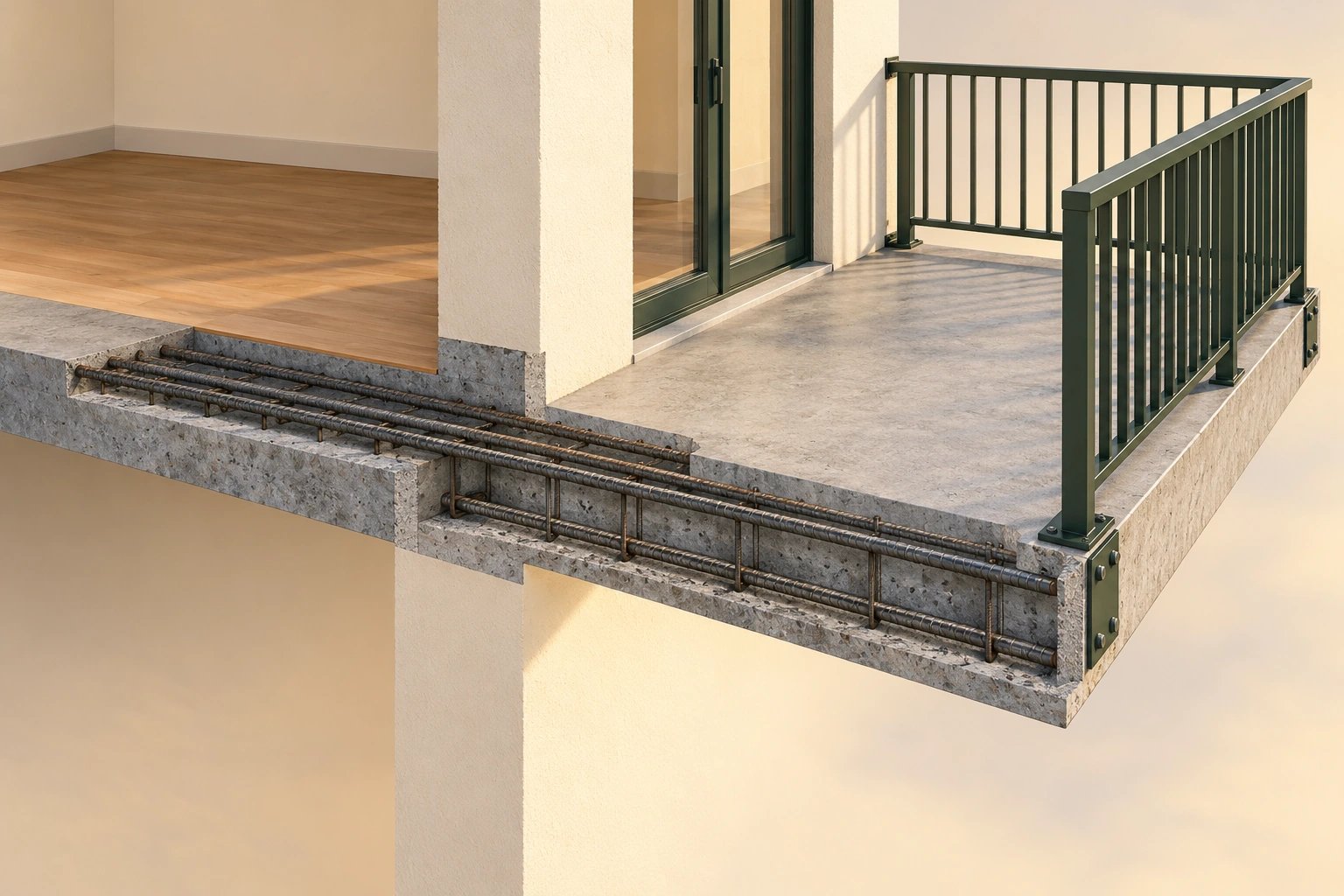 The projecting floor stays connected to the building. The concrete floor continues from the room through the wall region into a projecting balcony. Embedded ordinary steel is exposed along a teaching strip, while the guard has visible top bases and side-edge hardware. Together these distinguish support from surface and fall-protection jobs.