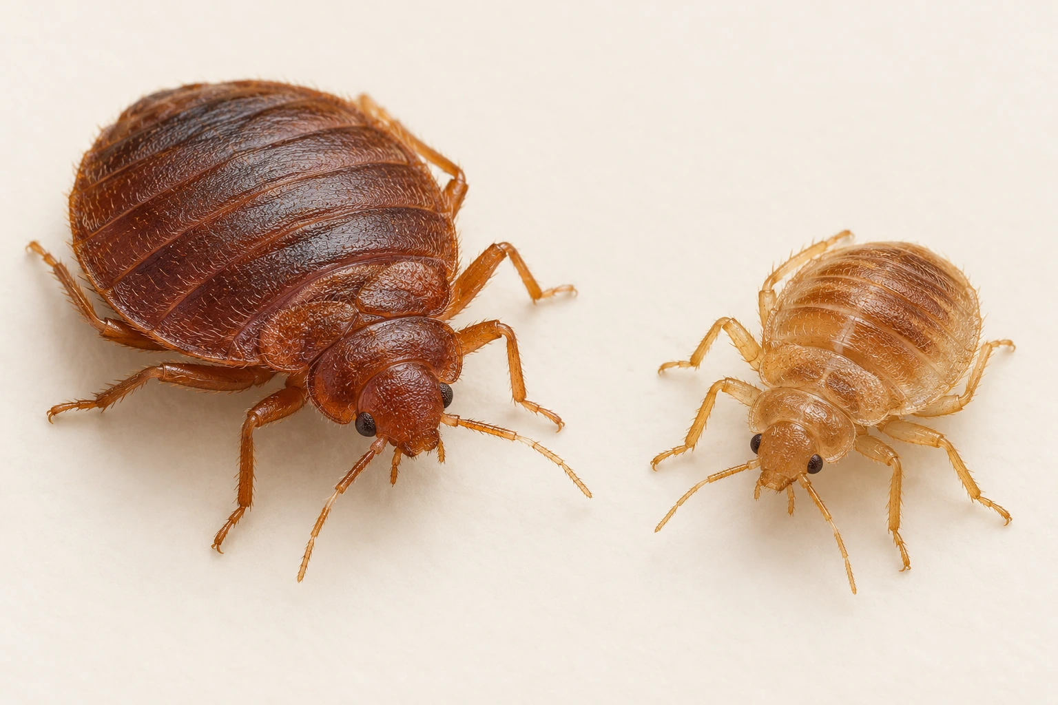 Two enlarged conceptual bedbug specimens on a plain study surface: a larger brown adult and a smaller pale young insect, each with a low oval body and no wings.