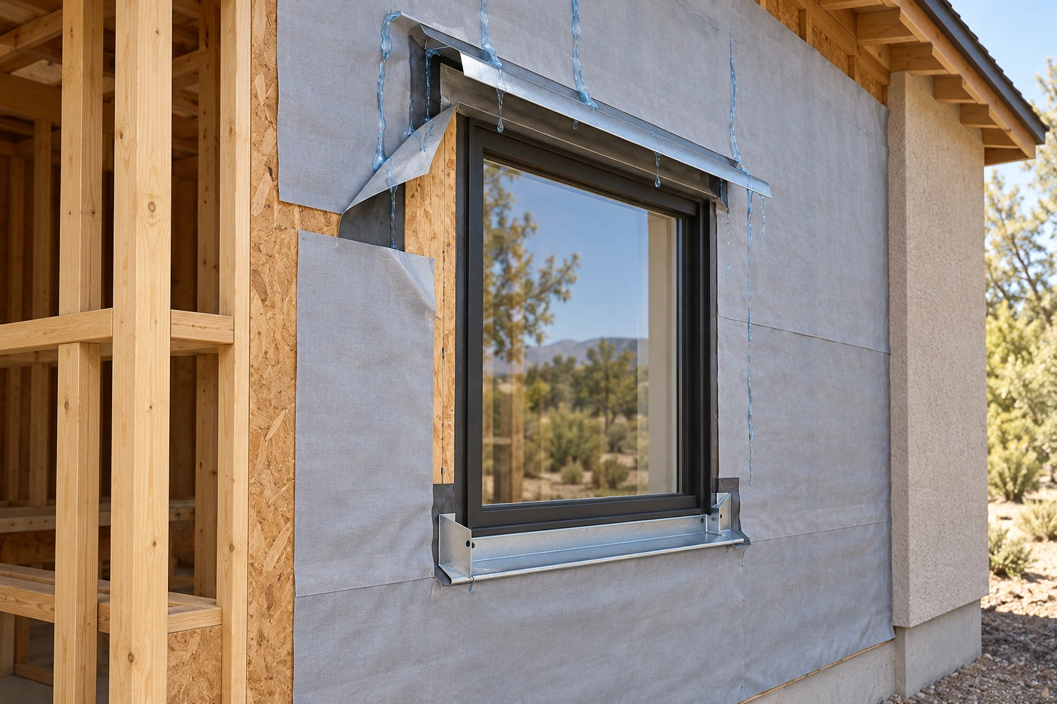 Unfinished timber-framed wall with plain grey wrap around a window, a peeled-back wrap edge, exposed wood backing and metal pieces above and below the opening.