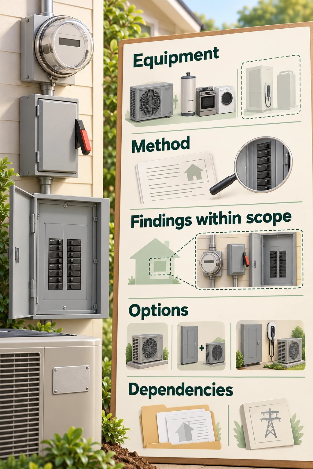 A conceptual meter, closed disconnect and distribution panel with intact deadfront sit beside a board headed Equipment, Method, Findings within scope, Options and Dependencies. The board uses equipment silhouettes, a document and magnifier, a bounded service view, possible project combinations and records with a utility symbol.