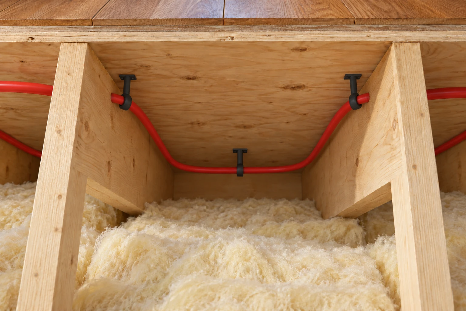 Water-heating tube held below plywood by hangers attached to the underside of the deck, above insulation.