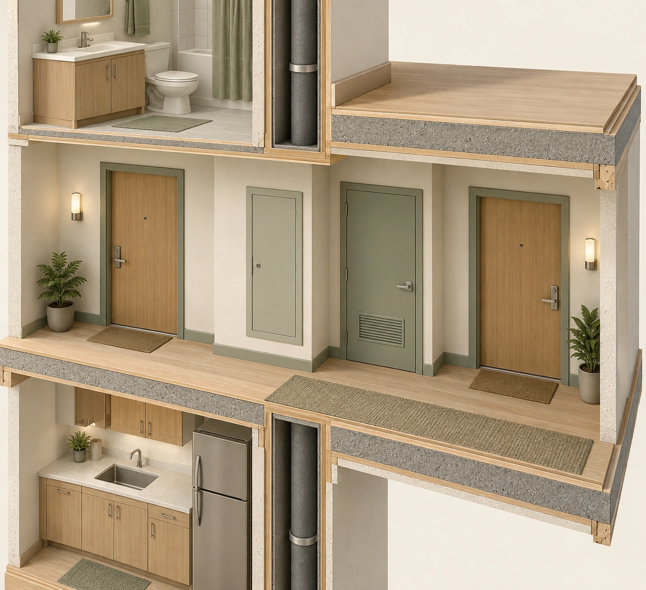 Apartment corridor teaching cutaway with two closed wood entrance doors, a closed small service cabinet and a closed green service-room door; upper and lower pipe forms and rooms appear at cutaway edges.