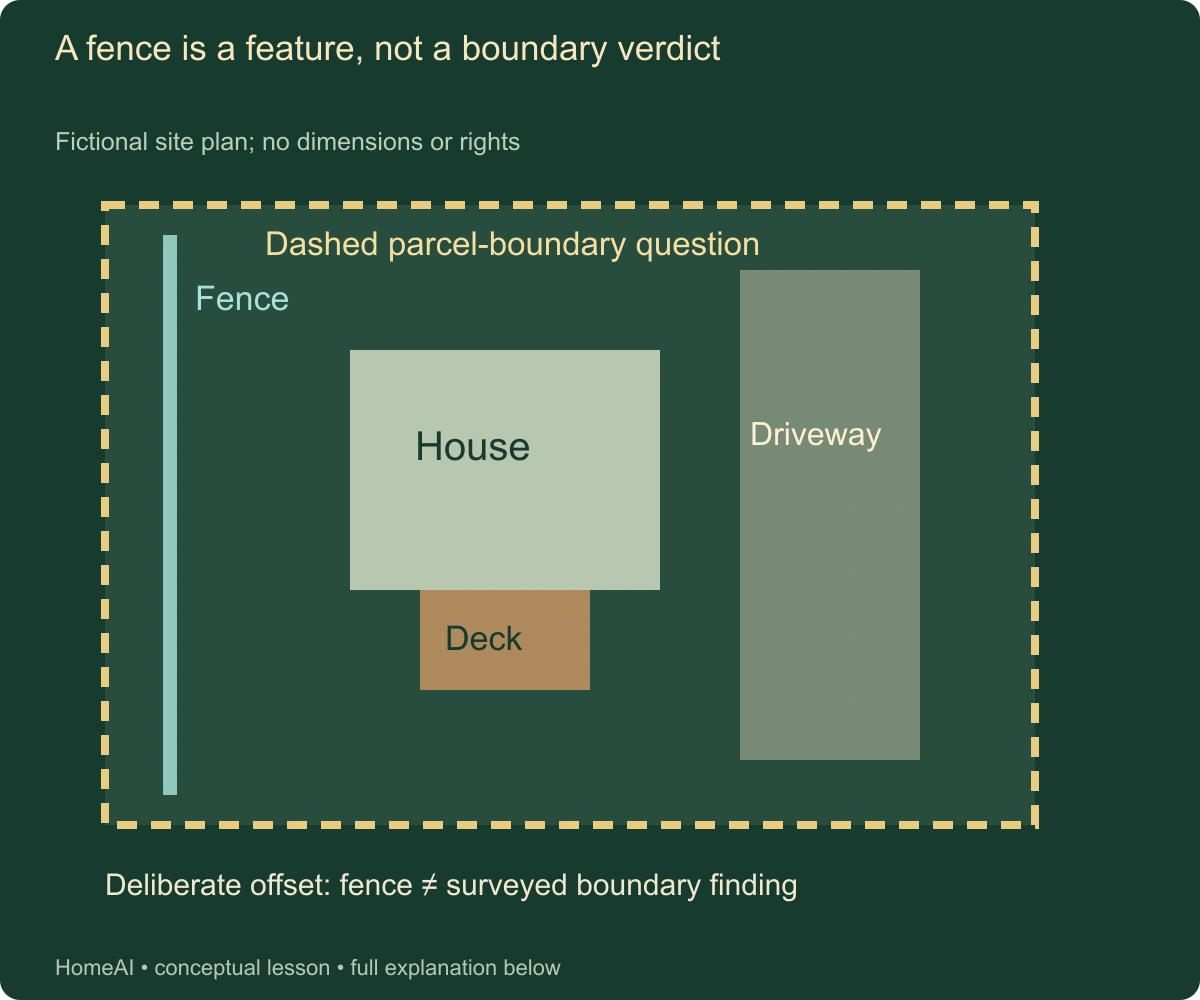 A fence is a feature, not a boundary verdict. Fictional site plan; no dimensions or rights. Complete labels and relationships follow in static text.