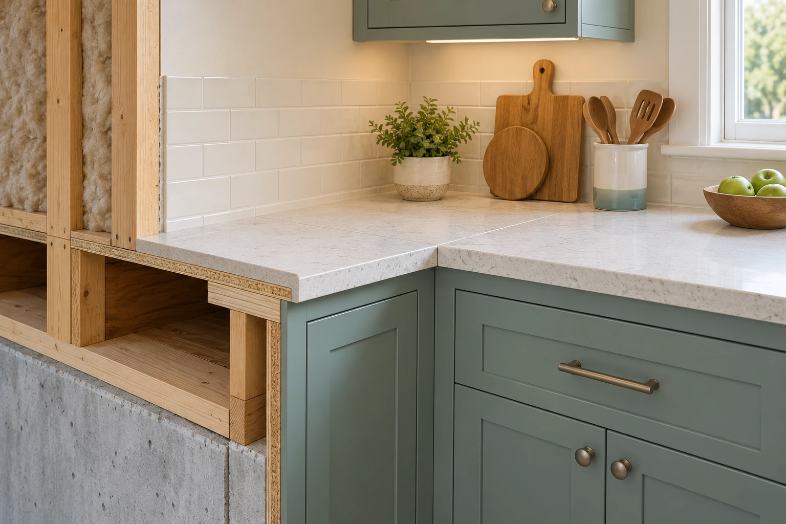 The close kitchen view shows two worktop pieces meeting at a visible line above cabinets, with one box exposed by the teaching cutaway. It locates a joint without specifying its construction or cause of any change.