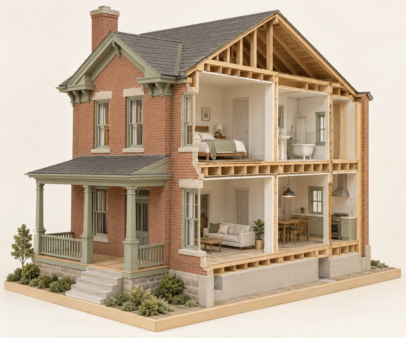 Brick house facade, porch and conventional cutaway rooms; no designation proof or identified protected attributes.