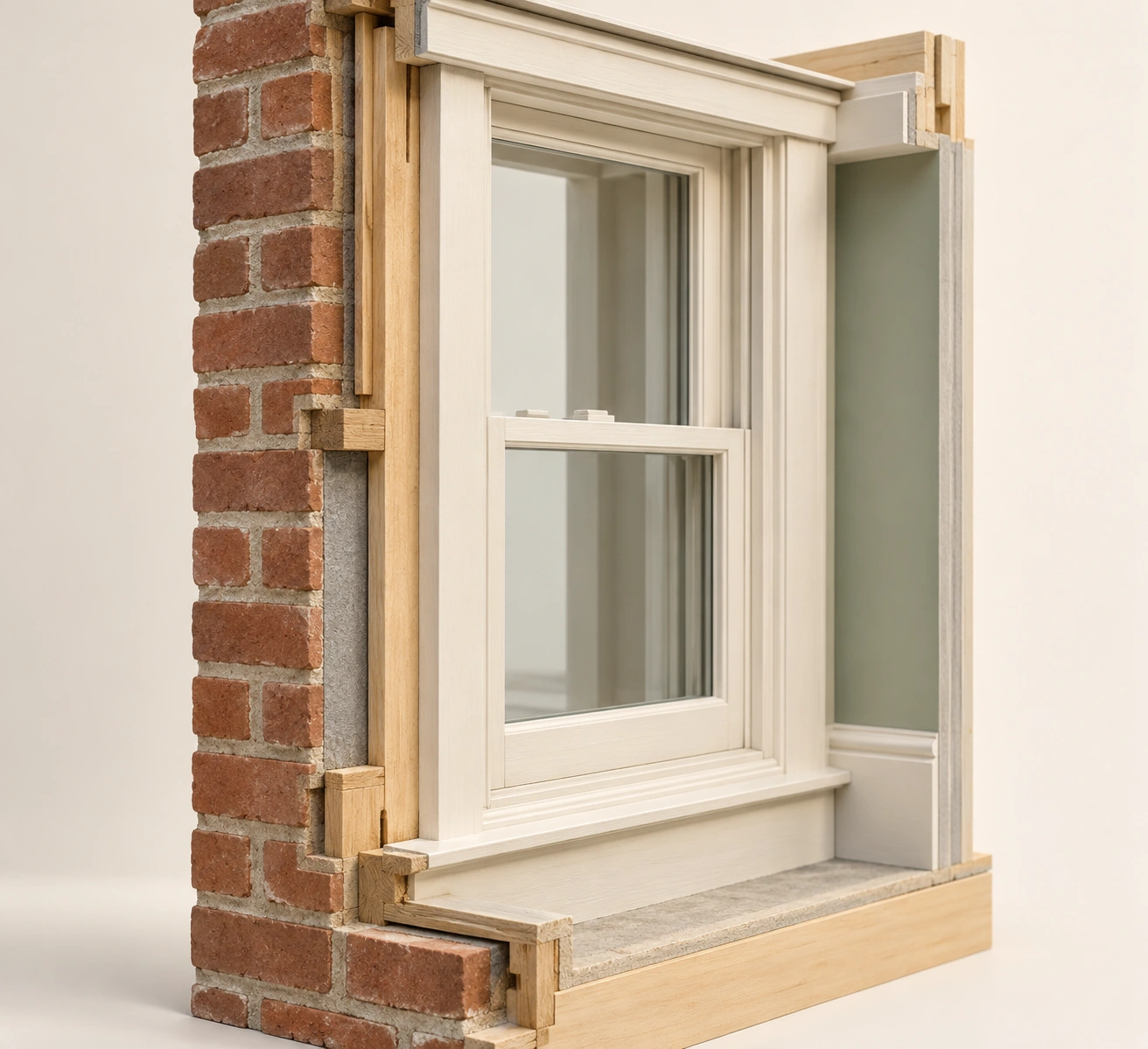 Wood-framed window and architectural cutaway wall surround; generic construction depiction, not installed detail, condition or conservation approval.