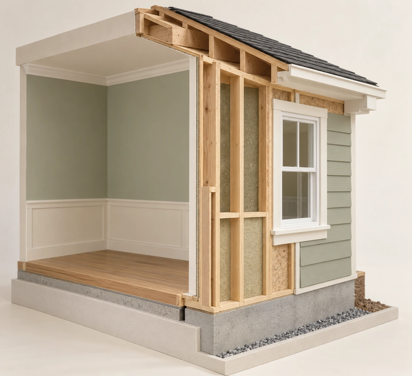Interior finish and window beside exposed timber framing/insulation with generic roof edge; no visible service routing or actual concealed-work verification.