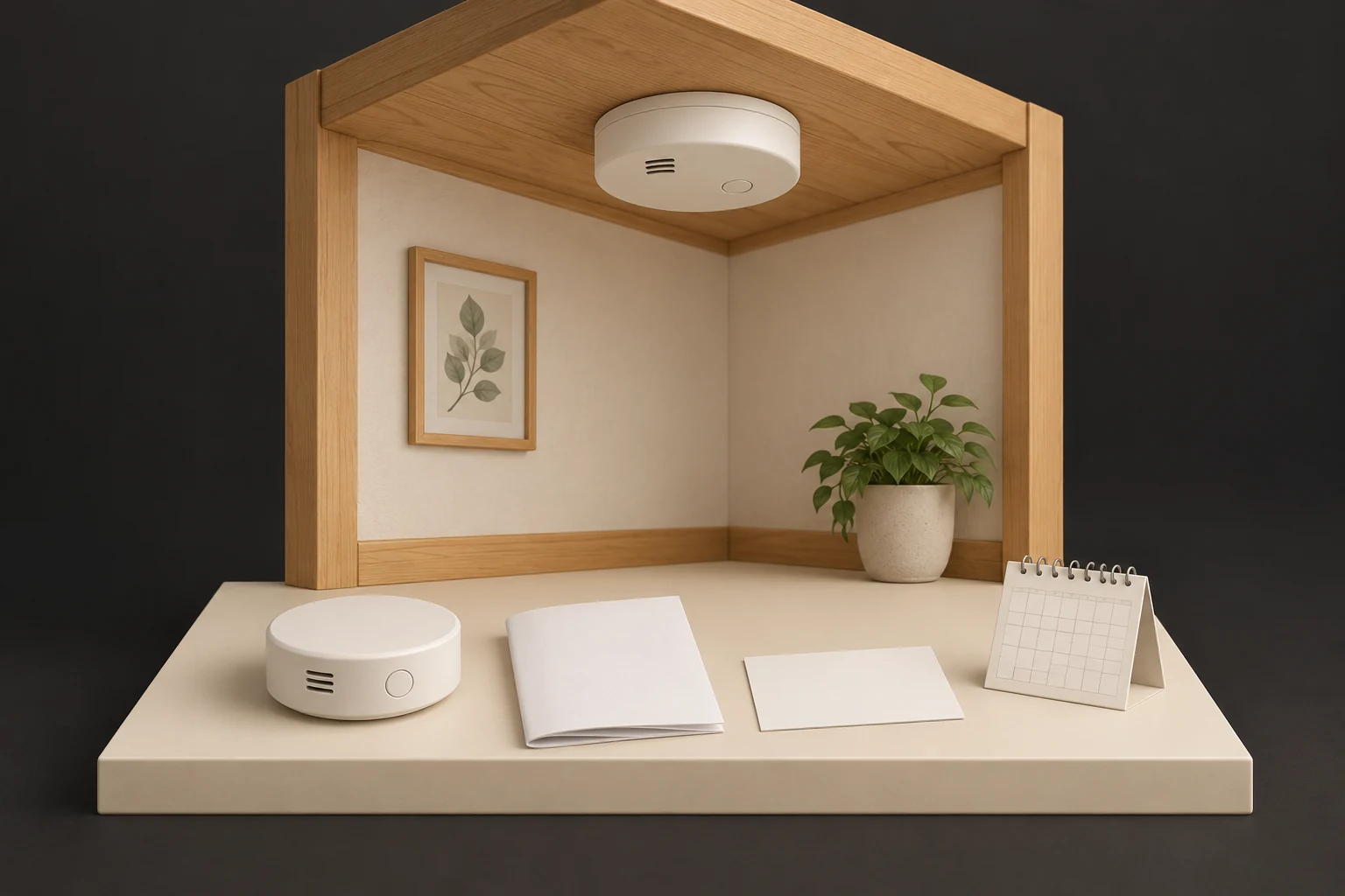 Conceptual timber wall-and-ceiling corner with one closed round ceiling shape, a detached round specimen, blank booklet and card and an unnumbered calendar grid